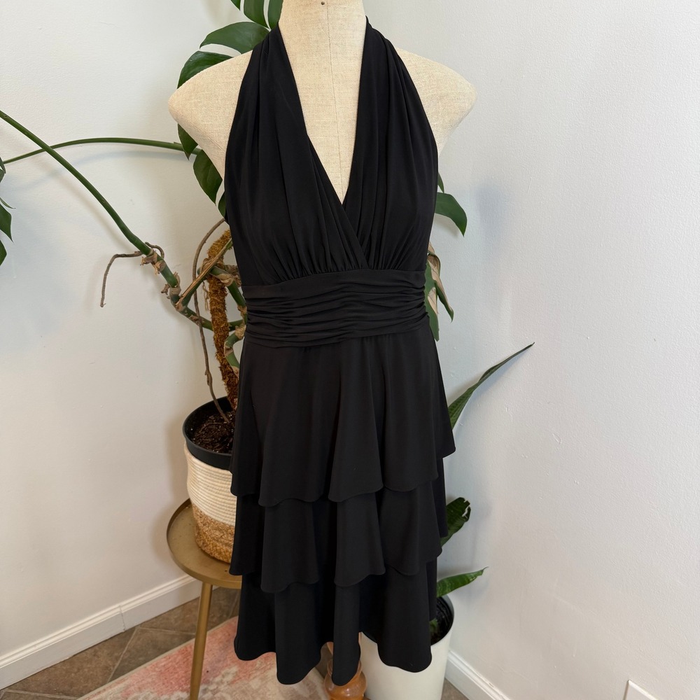 Evan-Picone Halter Dress Women 8 Black Tiered Ruffle Ruched V-Neck‎ Cocktail LBD